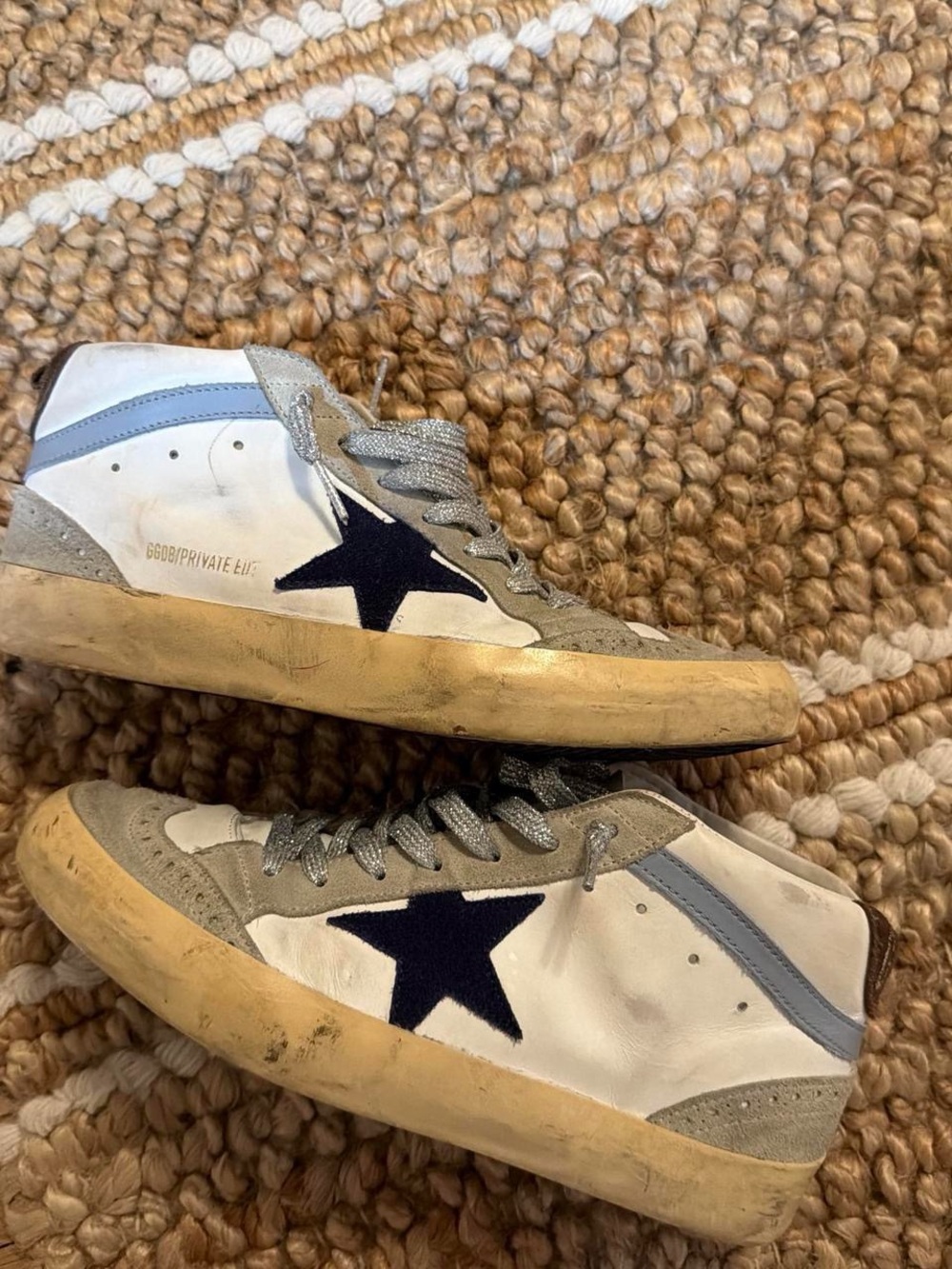 Golden Goose White Leather Sneakers with Navy Star and Light Blue Detail